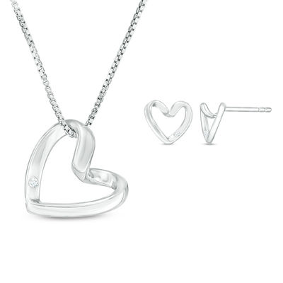 Diamond Accent Tilted Heart Outline Necklace and Stud Earrings Set in Sterling Silver