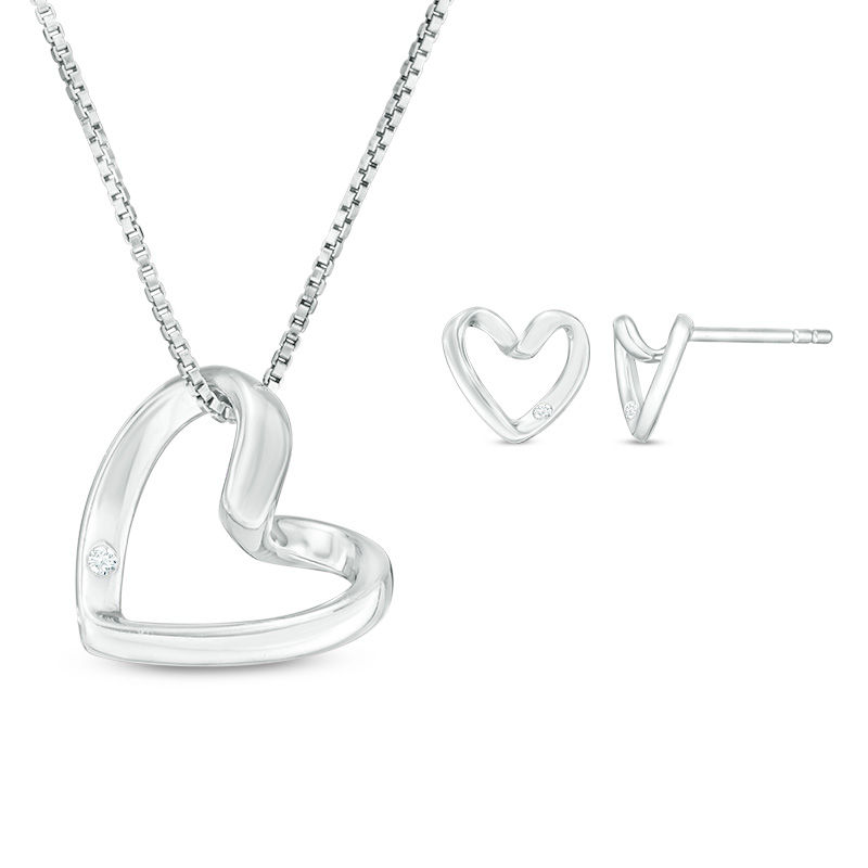 Diamond Accent Tilted Heart Outline Necklace and Stud Earrings Set in Sterling Silver|Peoples Jewellers