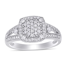 0.35 CT. T.W. Composite Diamond Cushion Frame Split Shank Vintage-Style Engagement Ring in 10K White Gold