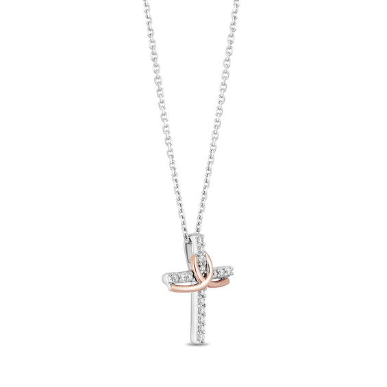 Hallmark Diamonds Faith 0.10 CT. T.W. Diamond Cross Pendant in Sterling Silver and 10K Rose Gold