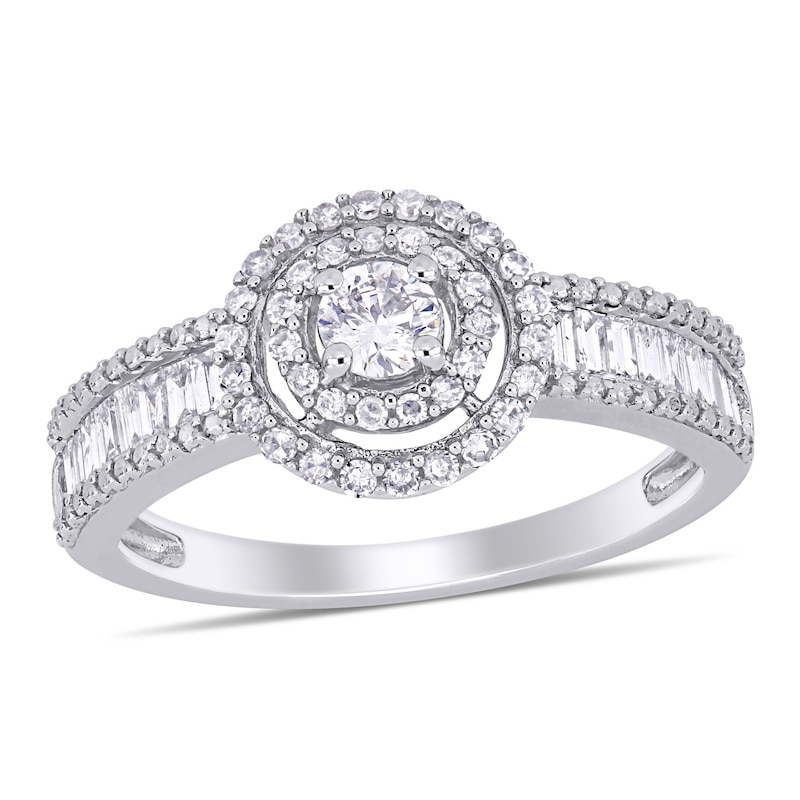 0.70 CT. T.W. Baguette and Round Diamond Double Frame Engagement Ring in 14K White Gold|Peoples Jewellers