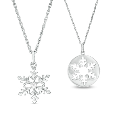 Diamond Accent Snowflake and Cut-Out Snowflake Disc Pendant Set in Sterling Silver