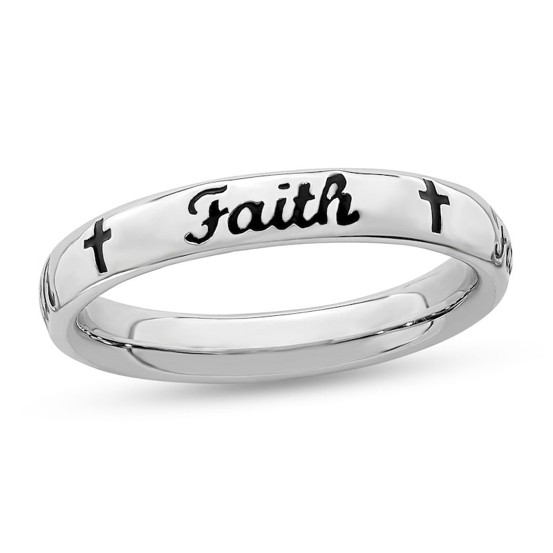 Stackable Expressions™ 3.5mm Black Enamel "Faith" Band in Sterling Silver|Peoples Jewellers