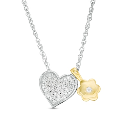 0.086 CT. T.W. Diamond Heart and Flower Charm Pendant in Sterling Silver and 10K Gold