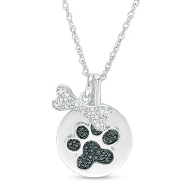 0.086 CT. T.W. Enhanced Black and White Diamond Bone and Paw Print Disc Charm Pendant in Sterling Silver