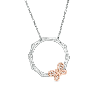 0.065 CT. T.W. Diamond Bamboo Circle with Butterfly Necklace in Sterling Silver and 10K Rose Gold