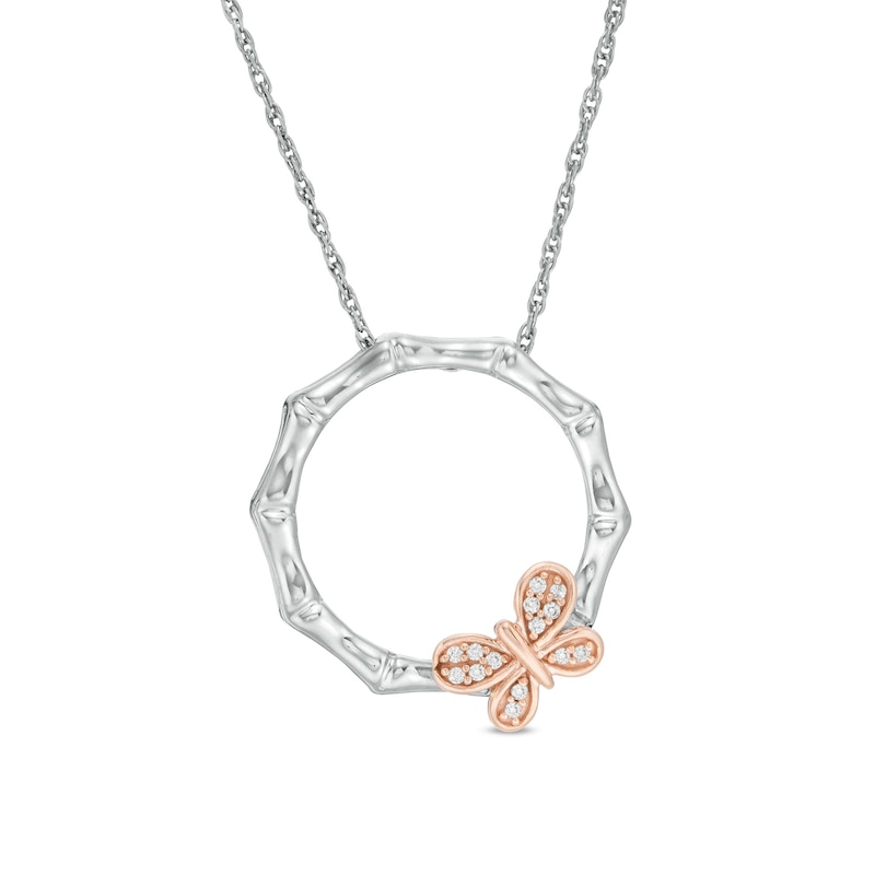 0.065 CT. T.W. Diamond Bamboo Circle with Butterfly Necklace in Sterling Silver and 10K Rose Gold
