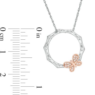 0.065 CT. T.W. Diamond Bamboo Circle with Butterfly Necklace in Sterling Silver and 10K Rose Gold