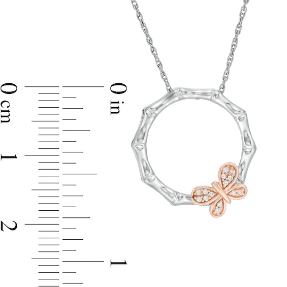 0.065 CT. T.W. Diamond Bamboo Circle with Butterfly Necklace in Sterling Silver and 10K Rose Gold