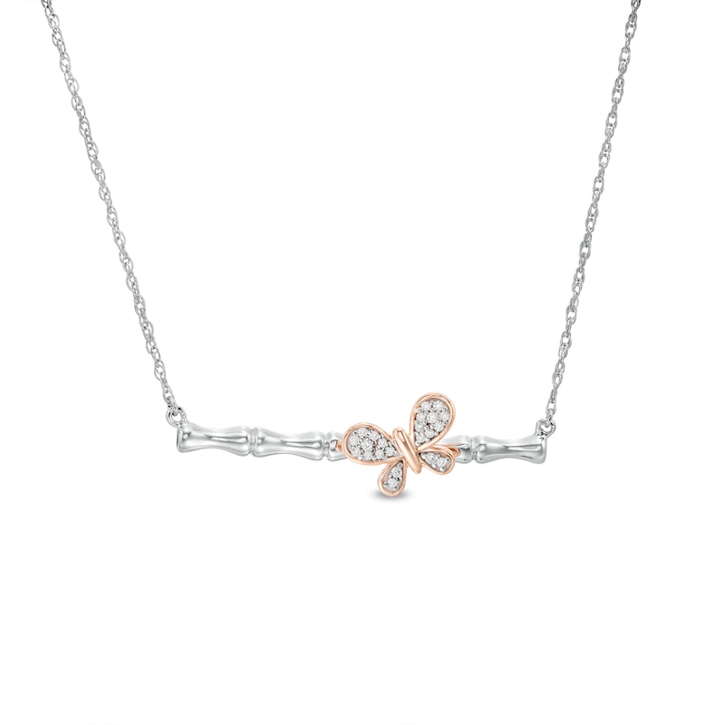 Diamond Accent Sideways Bamboo Stick with Butterfly Necklace in Sterling Silver and 10K Rose Gold