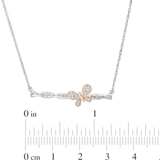 Diamond Accent Sideways Bamboo Stick with Butterfly Necklace in Sterling Silver and 10K Rose Gold