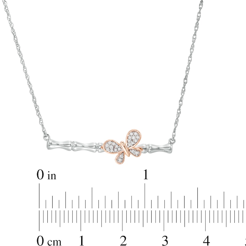 Diamond Accent Sideways Bamboo Stick with Butterfly Necklace in Sterling Silver and 10K Rose Gold