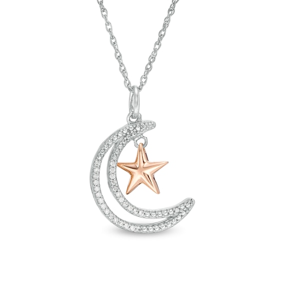 0.065 CT. T.W. Diamond Crescent Moon Outline with Star Pendant in Sterling Silver and 10K Rose Gold