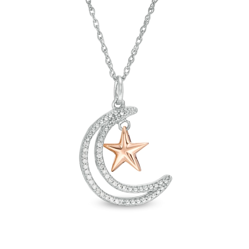 0.065 CT. T.W. Diamond Crescent Moon Outline with Star Pendant in Sterling Silver and 10K Rose Gold|Peoples Jewellers