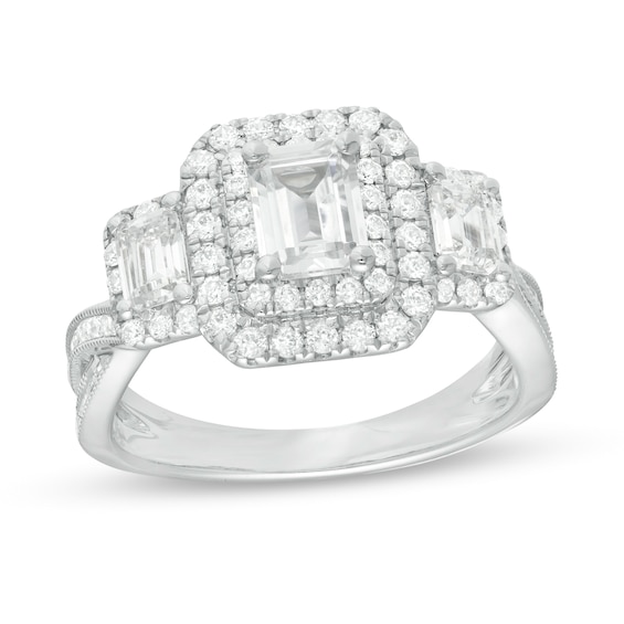 2.00 CT. T.W. Emerald-Cut Diamond Past Present Future® Double Frame Twist Shank Engagement Ring in 14K White Gold