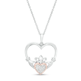 0.04 CT. T.W. Composite Diamond Claddagh Heart Outline Pendant in Sterling Silver and 10K Rose Gold
