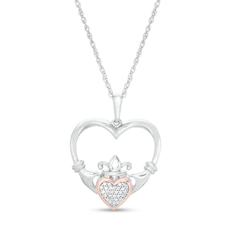 0.04 CT. T.W. Composite Diamond Claddagh Heart Outline Pendant in Sterling Silver and 10K Rose Gold|Peoples Jewellers