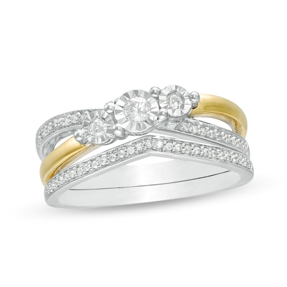 0.23 CT. T.W. Diamond Three Stone Split Shank Bridal Set in Sterling Silver with 14K Gold Plate