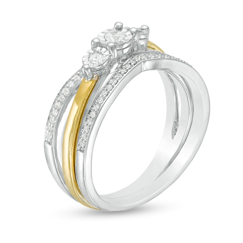 0.23 CT. T.W. Diamond Three Stone Split Shank Bridal Set in Sterling Silver with 14K Gold Plate|Peoples Jewellers