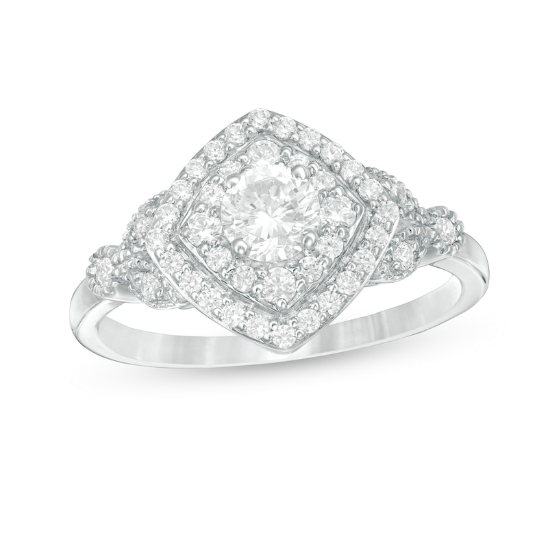 Main Image 1 of 0.69 CT. T.W. Diamond Double Tilted Square Frame Vintage-Style Engagement Ring in 10K White Gold