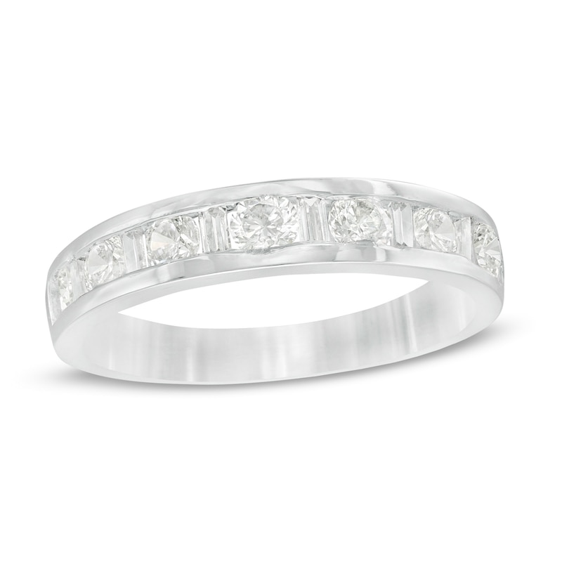 0.85 CT. T.W. Baguette and Round Diamond Alternating Anniversary Band in 10K White Gold