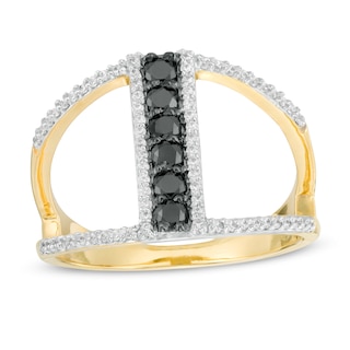 0.45 CT. T.W. Enhanced Black and White Diamond Linear Bar Split Shank Ring in 10K Gold