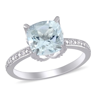 8.0mm Cushion-Cut Aquamarine and 0.06 CT. T.W. Diamond Beaded Floral-Set Ring in 10K White Gold