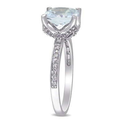 8.0mm Cushion-Cut Aquamarine and 0.06 CT. T.W. Diamond Beaded Floral-Set Ring in 10K White Gold