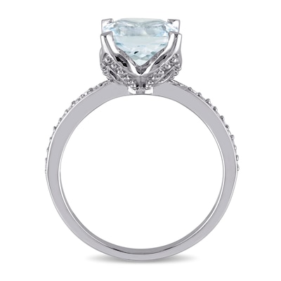 8.0mm Cushion-Cut Aquamarine and 0.06 CT. T.W. Diamond Beaded Floral-Set Ring in 10K White Gold