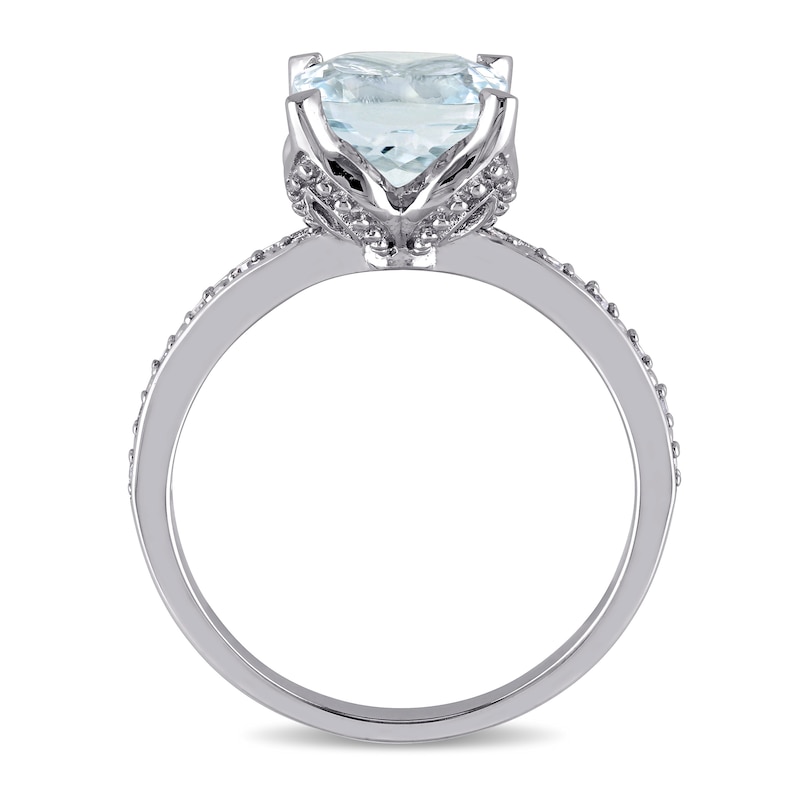 8.0mm Cushion-Cut Aquamarine and 0.06 CT. T.W. Diamond Beaded Floral-Set Ring in 10K White Gold|Peoples Jewellers