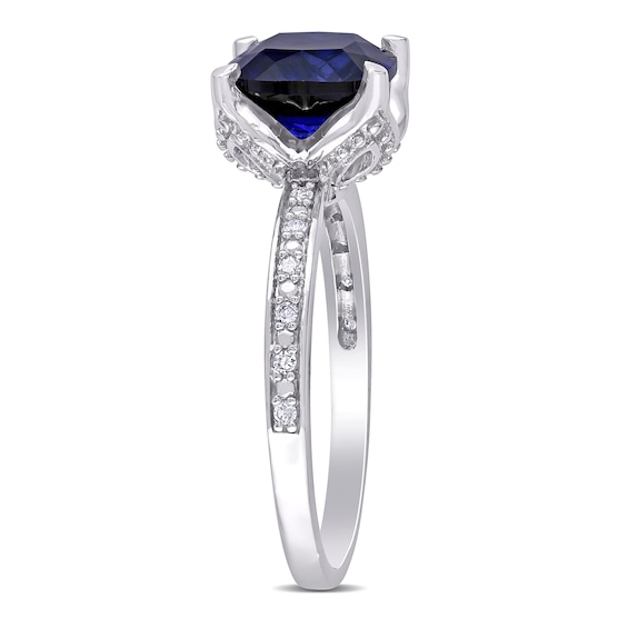 8.0mm Cushion-Cut Lab-Created Blue Sapphire and 0.06 CT. T.W. Diamond Beaded Floral-Set Ring in 10K White Gold