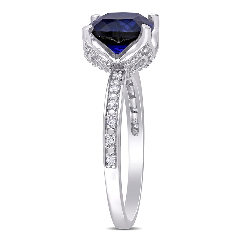 8.0mm Cushion-Cut Lab-Created Blue Sapphire and 0.06 CT. T.W. Diamond Beaded Floral-Set Ring in 10K White Gold|Peoples Jewellers