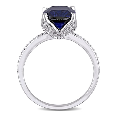 8.0mm Cushion-Cut Lab-Created Blue Sapphire and 0.06 CT. T.W. Diamond Beaded Floral-Set Ring in 10K White Gold