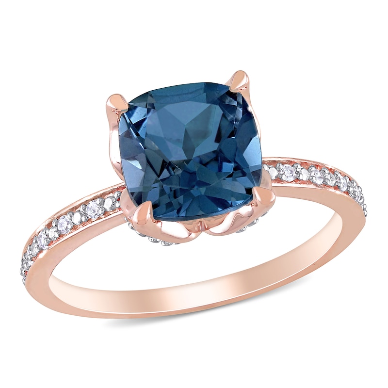 8.0mm Cushion-Cut London Blue Topaz and 0.06 CT. T.W. Diamond Beaded Floral-Set Ring in 10K Rose Gold|Peoples Jewellers