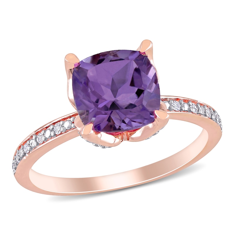 8.0mm Cushion-Cut Amethyst and 0.06 CT. T.W. Diamond Beaded Floral-Set Ring in 10K Rose Gold|Peoples Jewellers