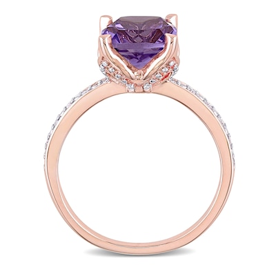 8.0mm Cushion-Cut Amethyst and 0.06 CT. T.W. Diamond Beaded Floral-Set Ring in 10K Rose Gold