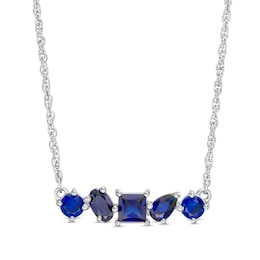 Multi-Shape Lab-Created Blue Sapphire Five Stone Bar Necklace in Sterling Silver