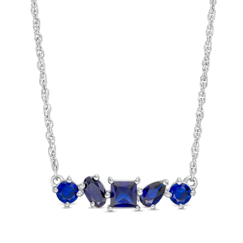 Multi-Shape Lab-Created Blue Sapphire Five Stone Bar Necklace in Sterling Silver|Peoples Jewellers