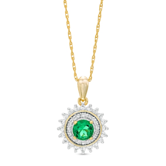 4.8mm Lab-Created Emerald and White Sapphire Sunburst Double Frame Pendant in Sterling Silver with 14K Gold Plate