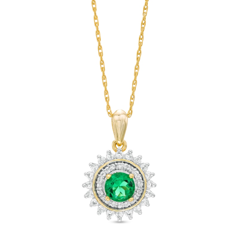 4.8mm Lab-Created Emerald and White Sapphire Sunburst Double Frame Pendant in Sterling Silver with 14K Gold Plate|Peoples Jewellers