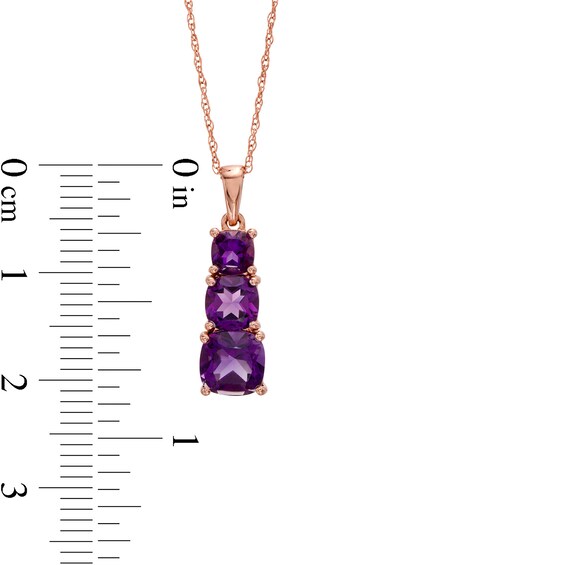 Cushion-Cut Amethyst Graduated Linear Three Stone Drop Pendant in 10K Rose Gold