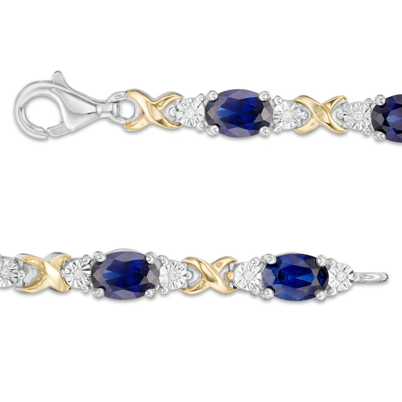 Oval Lab-Created Blue Sapphire and 0.086 CT. T.W. Diamond "X" Bracelet in Sterling Silver and 14K Gold Plate - 7.25"|Peoples Jewellers