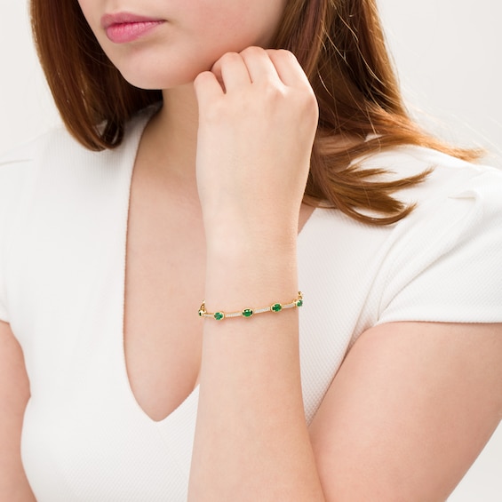 Oval Lab-Created Emerald and White Sapphire Station Bar Bracelet in Sterling Silver with 14K Gold Plate - 7.25"