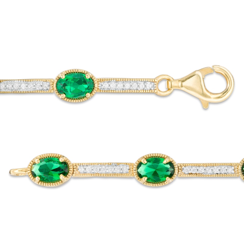 Oval Lab-Created Emerald and White Sapphire Station Bar Bracelet in Sterling Silver with 14K Gold Plate - 7.25"|Peoples Jewellers