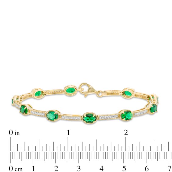 Oval Lab-Created Emerald and White Sapphire Station Bar Bracelet in Sterling Silver with 14K Gold Plate - 7.25"