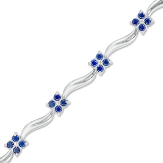 Lab-Created Blue Sapphire Flower and Wave Link Bracelet in Sterling Silver - 7.5"