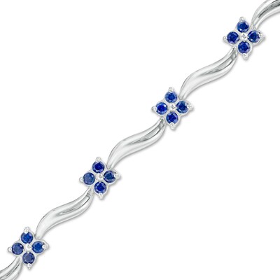 Lab-Created Blue Sapphire Flower and Wave Link Bracelet in Sterling Silver - 7.5"