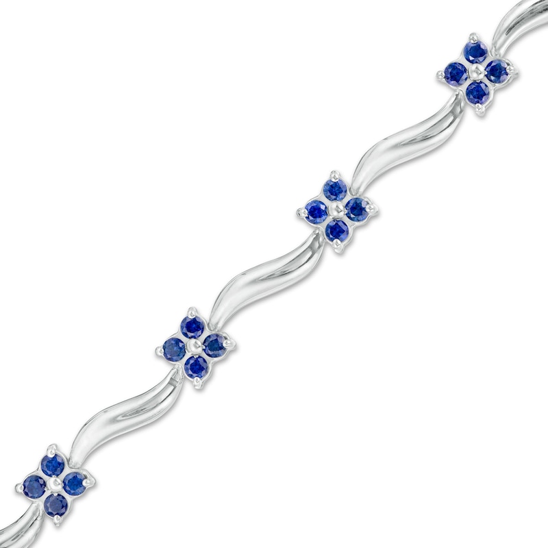 Lab-Created Blue Sapphire Flower and Wave Link Bracelet in Sterling Silver - 7.5"|Peoples Jewellers