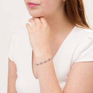 Lab-Created Blue Sapphire Flower and Wave Link Bracelet in Sterling Silver - 7.5"