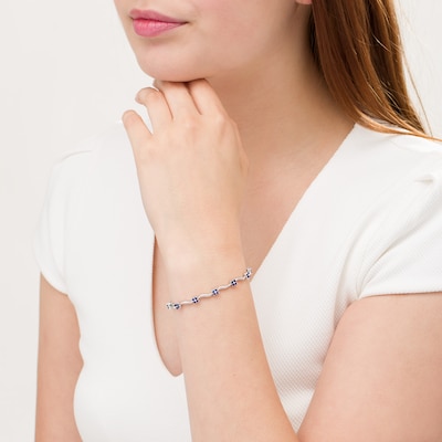 Lab-Created Blue Sapphire Flower and Wave Link Bracelet in Sterling Silver - 7.5"